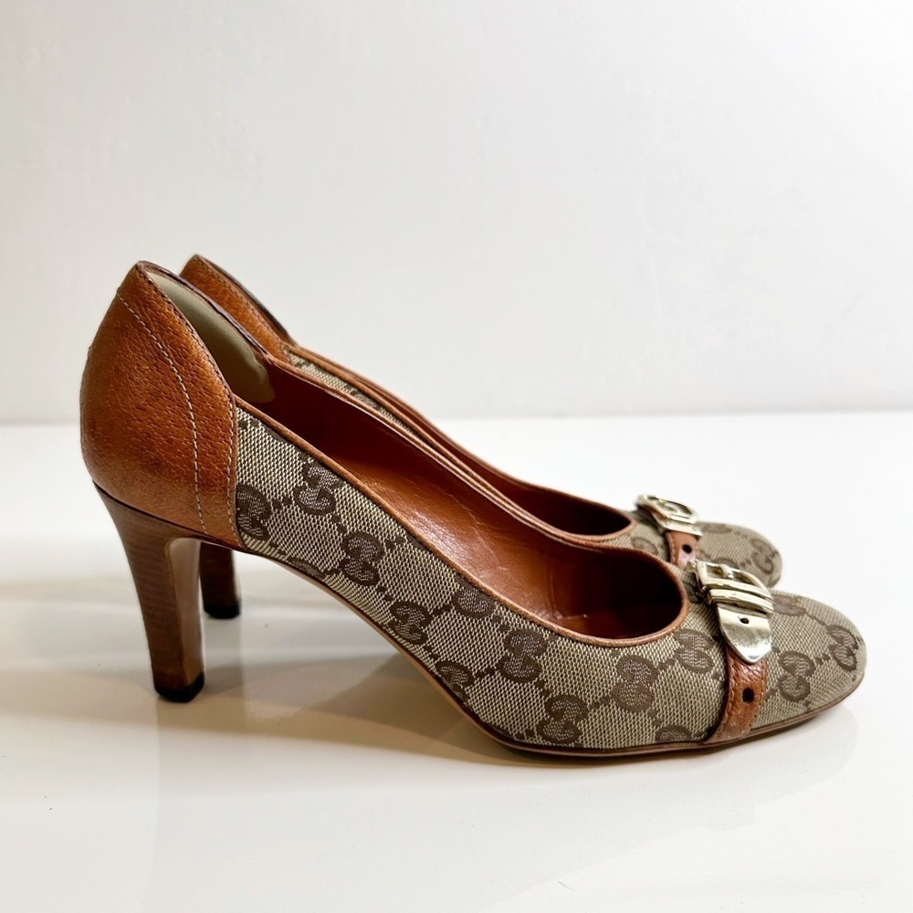 GUCCI GG Monogram Canvas Buckle Pumps Leather Trim Brown Grey Women's 38 US 7.5 - Picture 4 of 10
